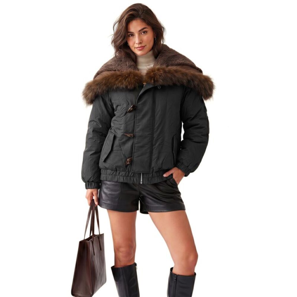Women Faux Fur Trim Cropped Adjustable Hood Puffer Coat Jacket Black